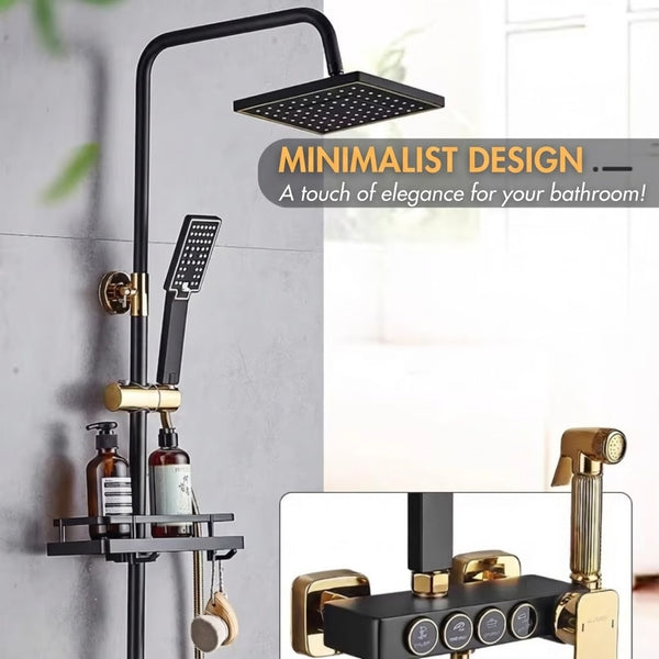 Complete Shower Column – Brass Body, 4 Water Flow Modes, Cosmetic Shelf, Rainfall Shower Head, Handheld Shower with 3 Spray Modes, Adjustable Height, Included Connectors