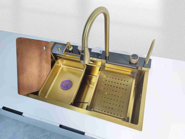 Gold Smart LED Stainless Steel Workstation Kitchen Sink with Waterfall, Cup-Jet, Drinking-Water Tap & Wooden Cutting Board
