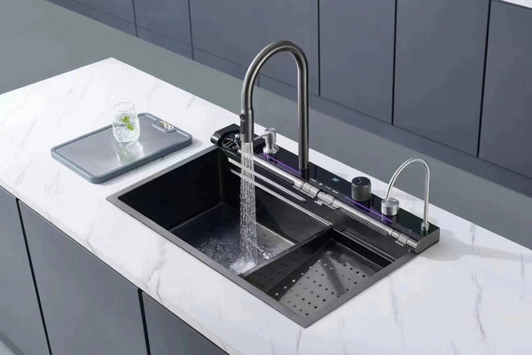 Multifunctional Stainless-Steel Kitchen Sink – New Model with LED Display, Anti-Scratch Basin, Dual Waterfalls, Cup-Rinse Jet, Stainless Cutting Board & Washing Compartments