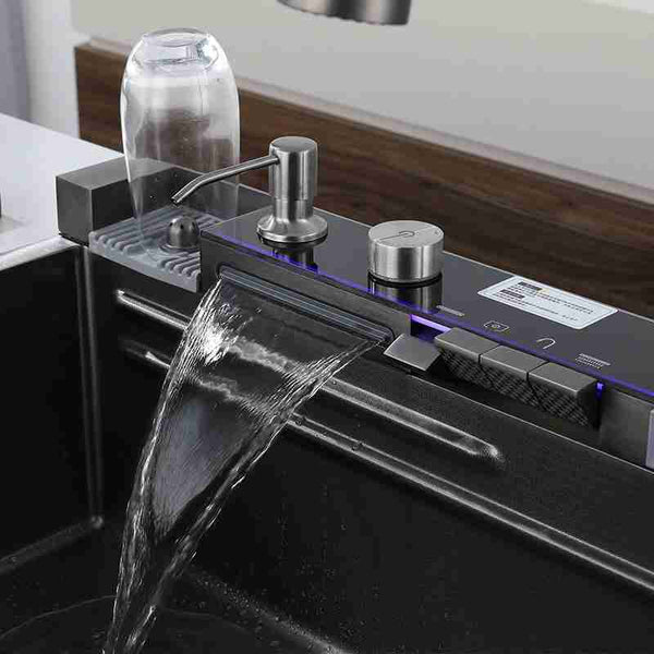 Smart LED Multifunctional Kitchen Sink with Dual Waterfall Rinse, Pull-Down Faucet, Drinking-Water Tap & Accessory Trays