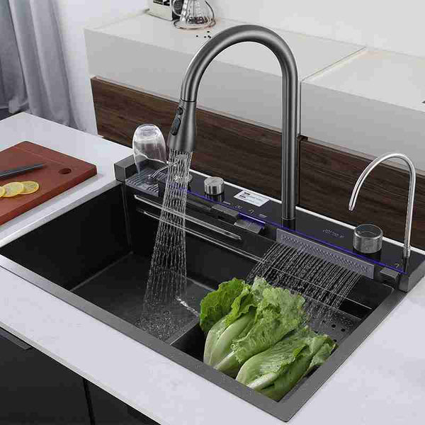 Smart LED Multifunctional Kitchen Sink with Dual Waterfall Rinse, Pull-Down Faucet, Drinking-Water Tap & Accessory Trays