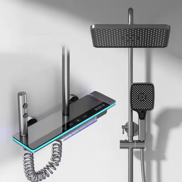 Modern shower system with digital control panel on a gray background